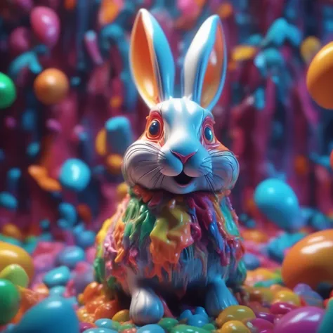 intricately detailed, color depth, dramatic, happy rabbit, Side light, colorful background objects deforming, melting, float, fold, spin, and stretch, sharp image, 4k, 8k,, Detailed and intricate, cinematographic, scale of colors, dramatic