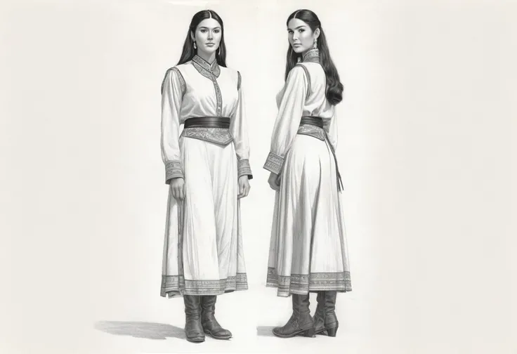 Graphite pencil drawing of the same 25yo Vulcan woman, front and back view, full body, standing, wearing traditional clothes, white background