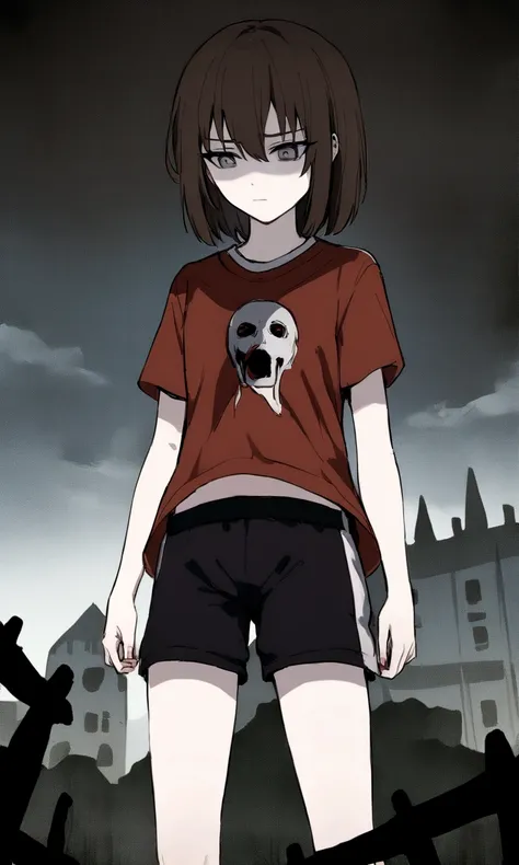 make me a girl, 16yo, sporty shirt and sporty shorts, neutral face, dark brown short hair, grey eyes, horror background scenery