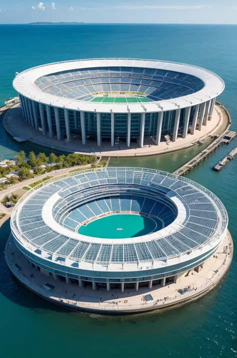 Very large stadium in the water with tentacles