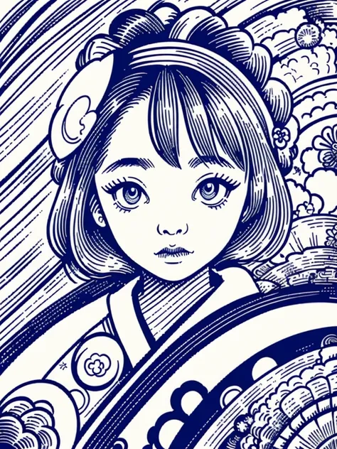 illustration of a traditional japanese girl, kimono, fancy hair, abstract and contemporary style, ((detailed and expressive eyes...