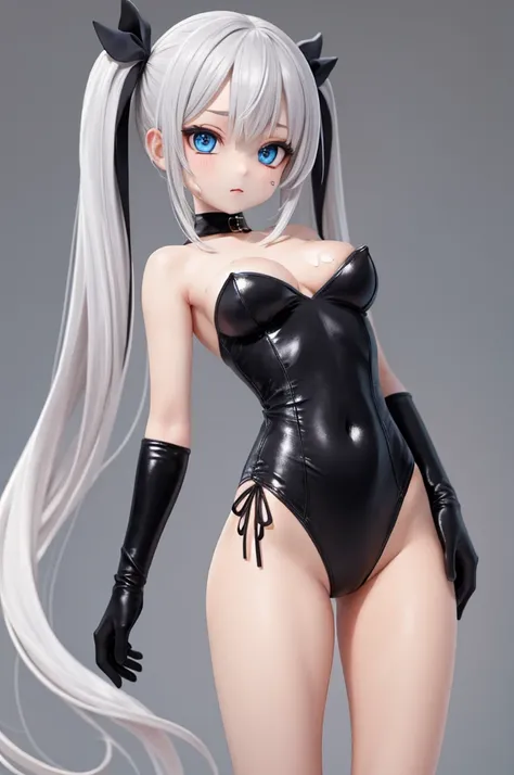 ,(Simple Background), woman alone, View your viewers,  Silver Hair,gigantic breasts, blue eyes, Very long twin tails, Very long hair,black strapless leotard,like facial,bukkake,n,,Small Ass,skinny,Thin legs