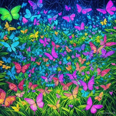 a painting of butterflies in a forest with blue and purple lights, glowing blue butterflies, glowing butterflies, luminescence，highly detailed, bioluminescent forest floor, by David B. Mattingly, by Tim Doyle, jen bartel, psychedelic black light, kilian en...