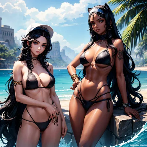 an Arab woman in her twenties, mid-length curly black hair, dark skin, little breasts, ice blue eyes, black tiger tattoo on the left arm, naked, arms crossed, white bikini , black baseball cap, arrogant, ghetto, sexy body, digital art style