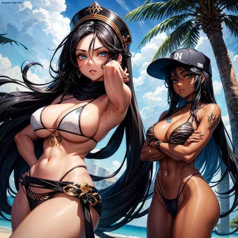 an Arab woman in her twenties, mid-length curly black hair, dark skin, little breasts, ice blue eyes, black tiger tattoo on the left arm, naked, arms crossed, white bikini , black baseball cap, arrogant, ghetto, sexy body, digital art style