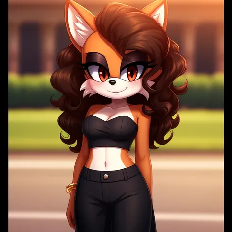 mobian, solo, hedgehog, two-tone fur ((orange fur, brown fur)), strapless crop top, baggy pants, cleavage, two-tone hair (brown ...