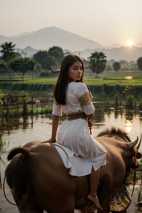 Beautiful young woman wearing Thai dress Ride a buffalo to graze in the rice fields in the evening..