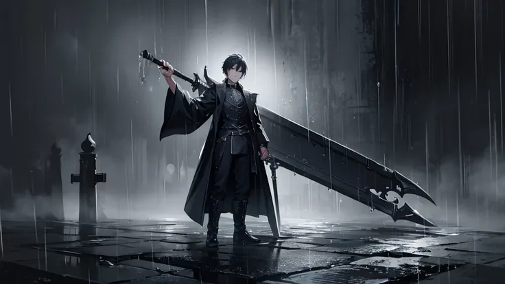 A man with a sword and coffin with rain and dark background