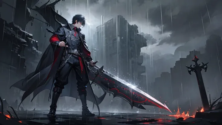 A man with a sword and coffin with rain and dark background