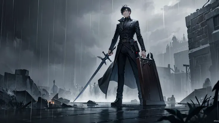 A man with a sword and coffin with rain and dark background