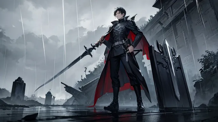 A man with a sword and coffin with rain and dark background