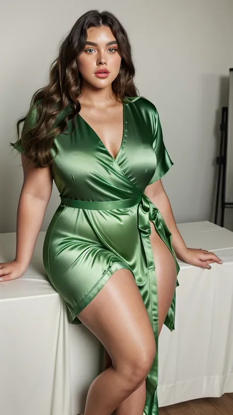 A gorgeous plus-size girl models a trendy green satin wrap dress with a high slit. Her hair is styled in elegant, loose waves, and she wears subtle makeup with bold eyeliner and a soft lip color. The high-quality 8K image showcases her curvy body, smooth s...