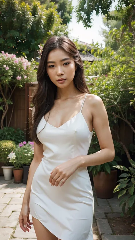 a beautiful young asian woman with a slim body, elegant dress, flowing hair, delicate facial features, intricate makeup, serene expression, outdoor garden background with flowers and natural lighting, (best quality,4k,8k,highres,masterpiece:1.2),ultra-deta...