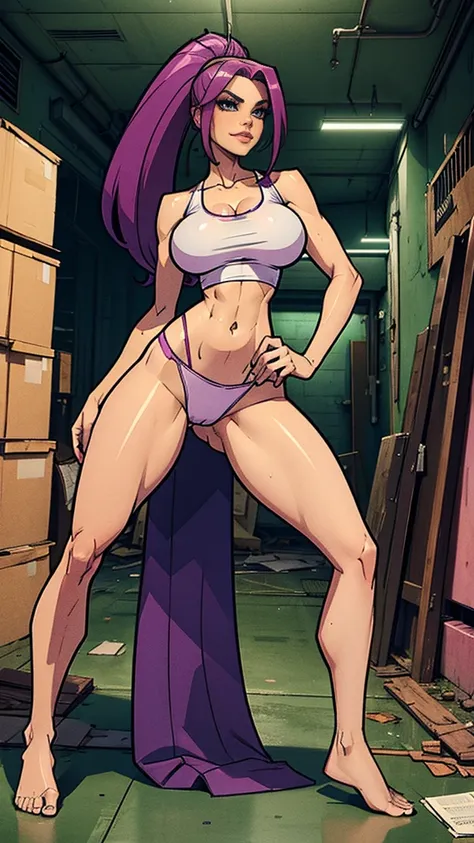 1woman, purple hair ponytail , green eye , Sly face , smirk , white tank tops , Pink panties , tummy, large , elongated legs , stand on your hips... , barefoot , Abandoned factory,