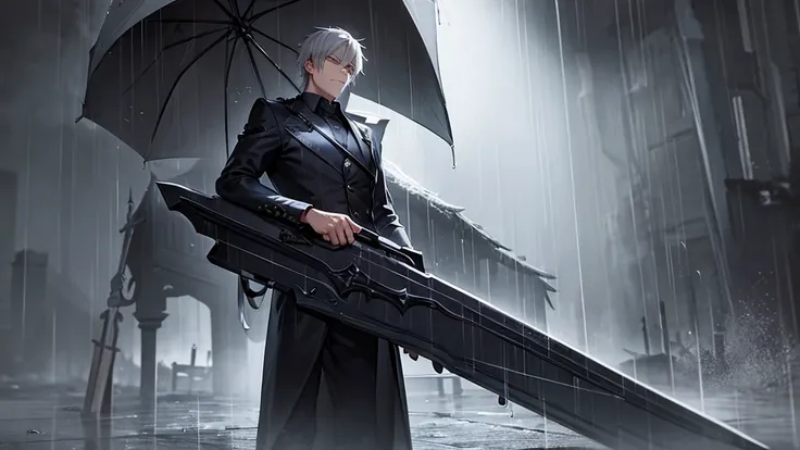 A man with a sword and coffin with rain and dark background