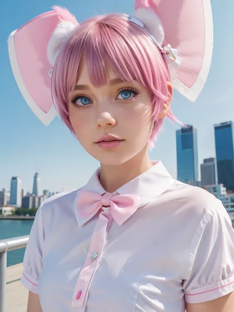 skistyle, 1girl, solo, pink hair, animal ears, blue eyes, wings, looking at viewer, bangs, short hair, bow, sailor collar, white sailor collar, hair bow, pink bow, closed mouth, shirt, white shirt, bear ears, bob cut, mini wings, portrait, detached wings, ...