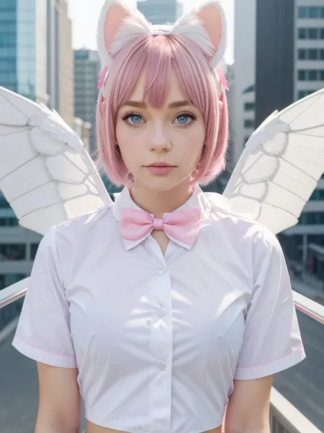 skistyle, 1girl, solo, pink hair, animal ears, blue eyes, wings, looking at viewer, bangs, short hair, bow, sailor collar, white sailor collar, hair bow, pink bow, closed mouth, shirt, white shirt, bear ears, bob cut, mini wings, portrait, detached wings, ...