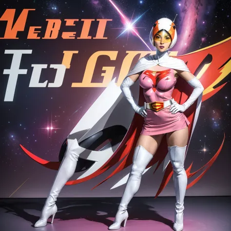 ANI_CLASSIC_jun_gatchaman_ownwaifu,1girl, 15yo,good anatomy, masterpiece, best quality,realistic, hyper realistic, 16k hdr, long hair,breasts,lips,large breasts,lipstick,makeup,gloves,cape,helmet,belt,elbow gloves,white gloves,mask,ultra miniskirt,leotard,...