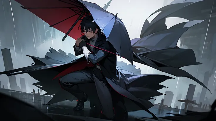 A man with a sword and coffin with rain and dark background