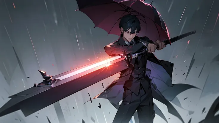 A man with a sword and coffin with rain and dark background