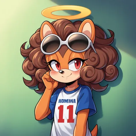 score_9, score_8_up, mobian, solo, hedgehog, two-tone fur ((orange fur, brown fur)), posing like a model, wearing an Oversized American Football shirt, two-tone hair (brown hair, black tip)), curly hair, halo, sunglasses, jewelry, red eyes, longeyelashes, ...