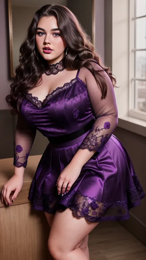 A lovely plus-size teen girl poses in a luxurious purple lace dress with a high neckline and flowing skirt. Her hair is styled in glamorous waves, and she wears elegant makeup with deep eyeshadow and glossy lips. The image captures her detailed features an...