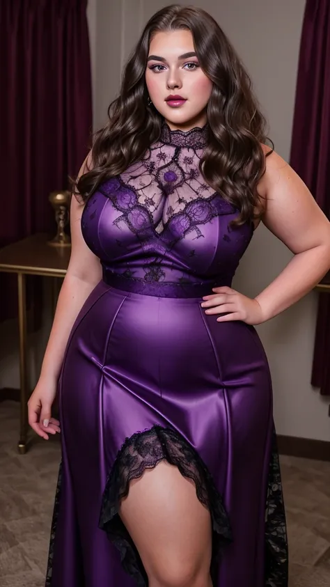 A lovely plus-size teen girl poses in a luxurious purple lace dress with a high neckline and flowing skirt. Her hair is styled in glamorous waves, and she wears elegant makeup with deep eyeshadow and glossy lips. The image captures her detailed features an...