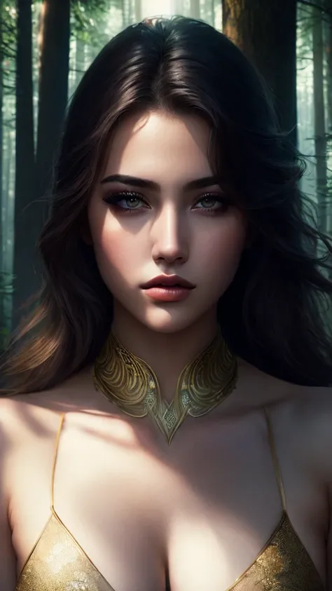 half body, Close-up of a beautiful woman, allured chest, in the forest with heavy makeup, soft volumetric light, (backlight: 1.3), (movie: 1.2), intricate details, (ArtStation: 1.3), Rutkowski