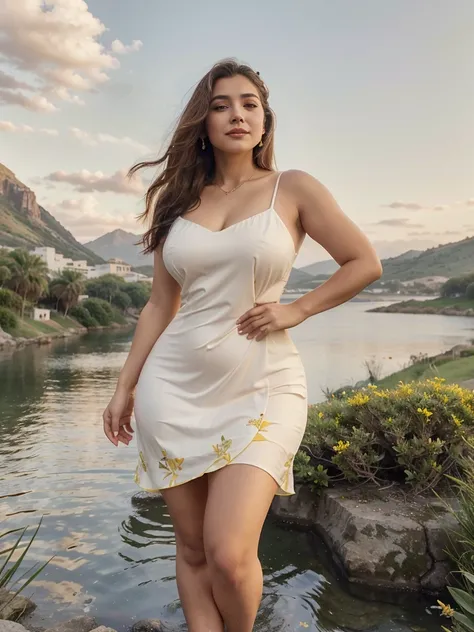 Arab dress, yellow dress, short dress (white), crocodile near the mountain, water near the grass, waterfall nearby, light green, bright flowers, red sky, wearing suit (white), lips (pink) Escasamente vestido, beautiful face  Hermosa big hips shine in the s...