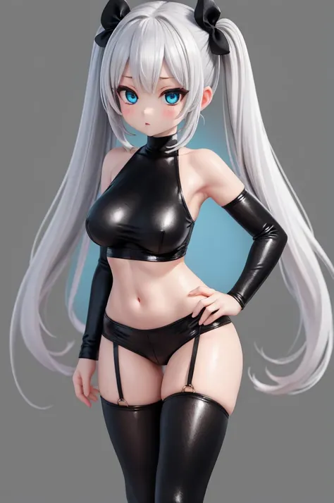 ,(Simple Background), woman alone, View your viewers,  Silver Hair,(gigantic breasts), blue eyes, Very long twin tails, Very long hair,black zentai,,Small Ass,skinny,Thin legs