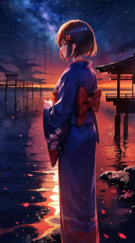 One girl, distant girl wearing a kimono staring at the performer, (Zoom out:1.1), (Meteors:1.2), (comet:1.1), yourname, Low - Angle, From behind, Aloura Borealis, shooting star, yukata, Red kimono, cherry blossoms, Standing in the field,Highest quality, ma...