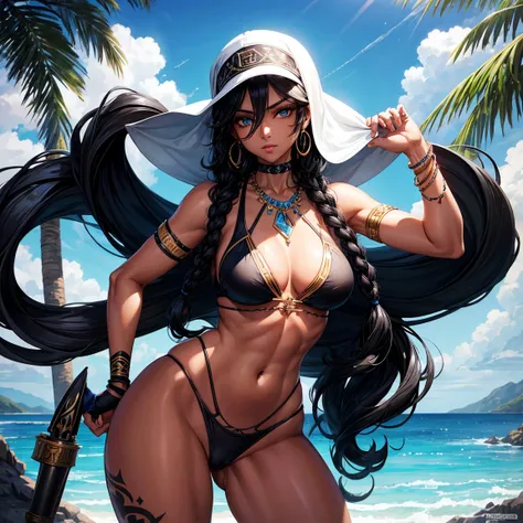 an Arab woman in her twenties, mid-length curly black hair, dark skin, small breasts, ice blue eyes, black tiger tattoo on the left arm, she nude, penis instead of a pussy, arms crossed, white bikini , black baseball cap, arrogant, ghetto, sexy body, digit...