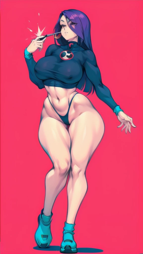 (full body), full body in image, full clothed, raven costume, full raven from teen titans, raven clothes, fusion of raven from teen titans and raven of dc comics, full woman, full body, long hair, female body, curvy body, thicc body, big thighs, voluptuous...