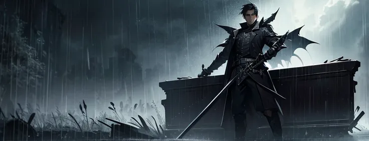 A man with a sword and coffin with rain and dark background