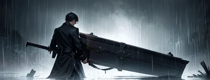 A man with a sword and coffin with rain and dark background