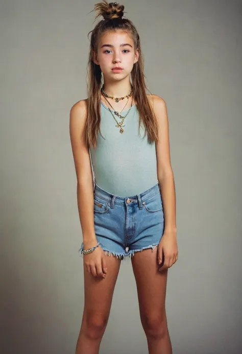 1girl, 14 years old, idol, , collarbone, ,standing, photography, film, depth of field, skin texture,, topknot, long hair, messy ...