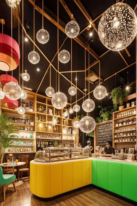 Design of a kiut cafe that will transport you to a world of fun and joy The decoration is modern and colorful, with neon accents and Kawaii elements The visual concept combines the minimalist with the exotic, creating a unique and vibrant atmosphere The ar...