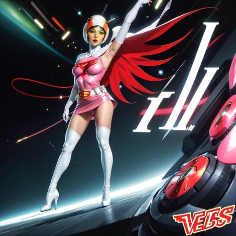 ANI_CLASSIC_jun_gatchaman_ownwaifu,1girl, 15yo,good anatomy, masterpiece, best quality,realistic, hyperrealistic, 16k hdr, long hair,breasts,green eyes,lips,large breasts,lipstick,makeup,gloves,cape,helmet,belt,elbow gloves,white gloves,mask,ultra miniskir...