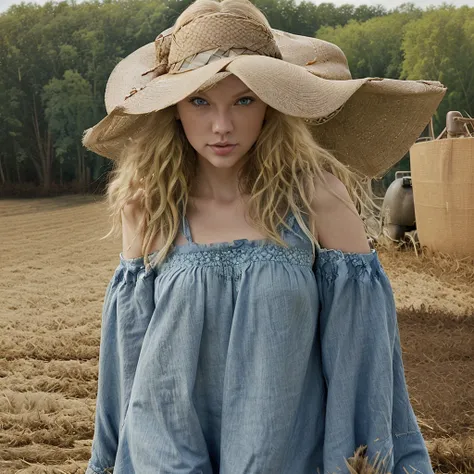 Take the cover of Taylor Swifts album, "Taylor Swift (Taylors Version),"  with long curly blonde hair, blue eyes, on a farm, with a country style hat on her head.