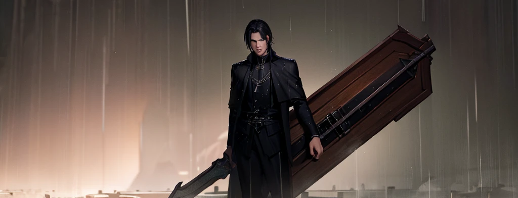 A man with a sword and coffin with rain and dark background