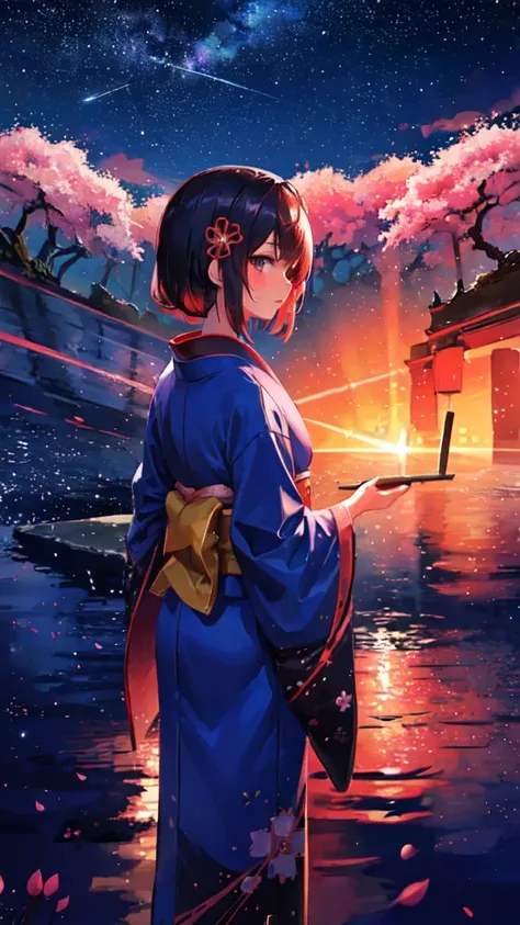 One girl, distant girl wearing a kimono staring at the performer, (Zoom out:1.1), (Meteors:1.2), (comet:1.1), yourname, Low - Angle, From behind, Aloura Borealis, shooting star, yukata, Red kimono, cherry blossoms, Standing in the field,Highest quality, ma...