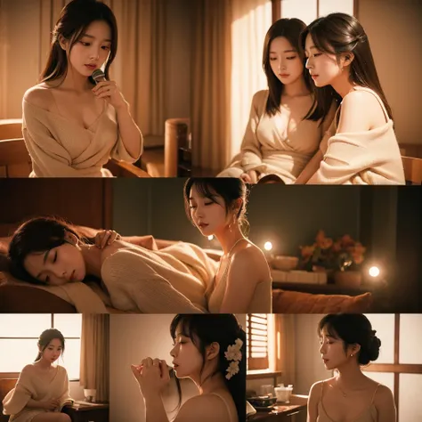 Prompt:
"Three Korean-style beautiful women singing emotionally in an intimate, warm-toned setting. The scene is warm and intimate, with slow pan and tilt shots capturing their emotive performances. The lighting is warm and soft, emphasizing their emotiona...