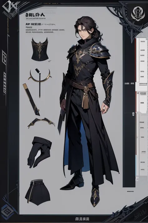 line-art, art book, design sheet, 8k, best quality, design, equipment design, geometry, fashion, 8k, ultra-detailed, fantasy hero, male, dark hair, 