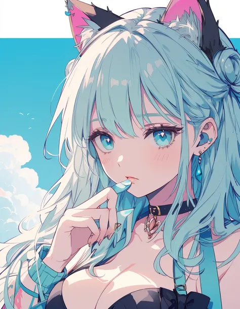 tattoo, bikini, ((masterpiece, best quality:1.5)), ((Beautiful detailed cat aqua eyes:1.2)), cat ears, pale skin, medium breasts, beautiful hands, beautiful fingers, EasyNegative