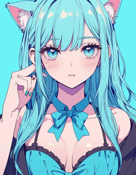 tattoo, bikini, ((masterpiece, best quality:1.5)), ((Beautiful detailed cat aqua eyes:1.2)), cat ears, pale skin, medium breasts, beautiful hands, beautiful fingers, EasyNegative