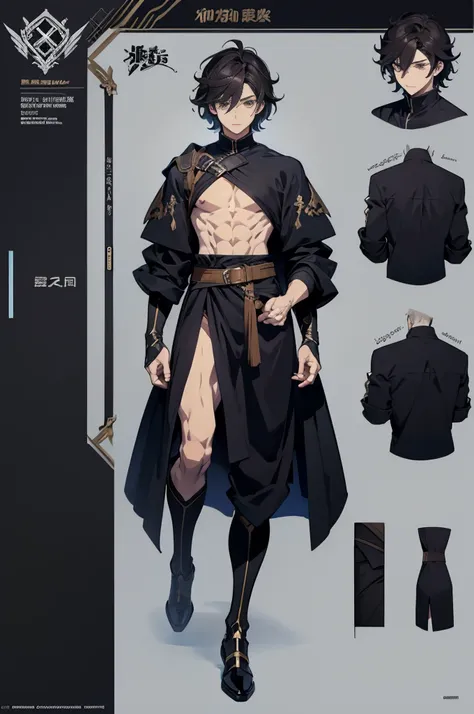 line-art, art book, design sheet, 8k, best quality, design, equipment design, geometry, fashion, 8k, ultra-detailed, fantasy hero, male, dark hair, anime physique young boy, skinny character