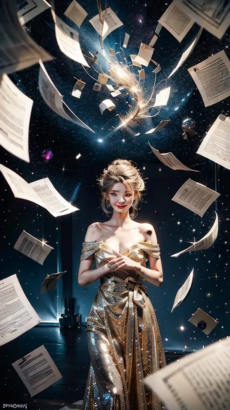 masterpiece,best quality,aesthetic,detailed face,subsurface scattering,from above,
wrenchsfantasy,fantasy,1girl,photo of a cute girl,light smile,charming,20yo,Updo Hair.Bald,Metallic gold hair,glowing,cloud,colorful || starry,stars,paperexplosion,surrounde...