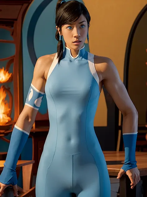 korra from the legend of korra, beautiful woman with bold features, wearing high neck top, baggy pants, high boots, big blue eye...