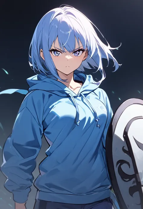 a girl, blue fur, short hair, blue fur, lightweight hoodie, medium chest, holding a shield, looking at the viewer, serious face,...