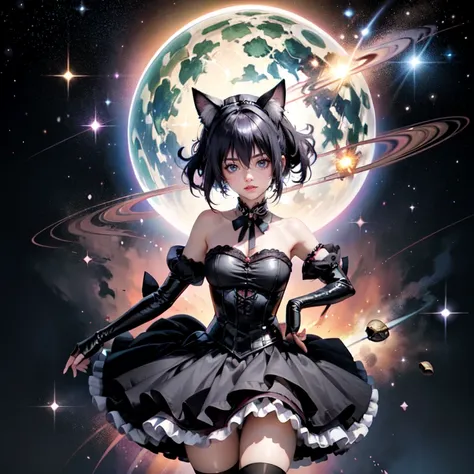 1girl, black maid dress, jewelry, dark blue hair, flowing hair, heterochromia, short hair, black maid dress with a short skirt and layers, black laces, black boots, black dress with transparency, gold details on her clothes, cat ears, animal ears,  more de...